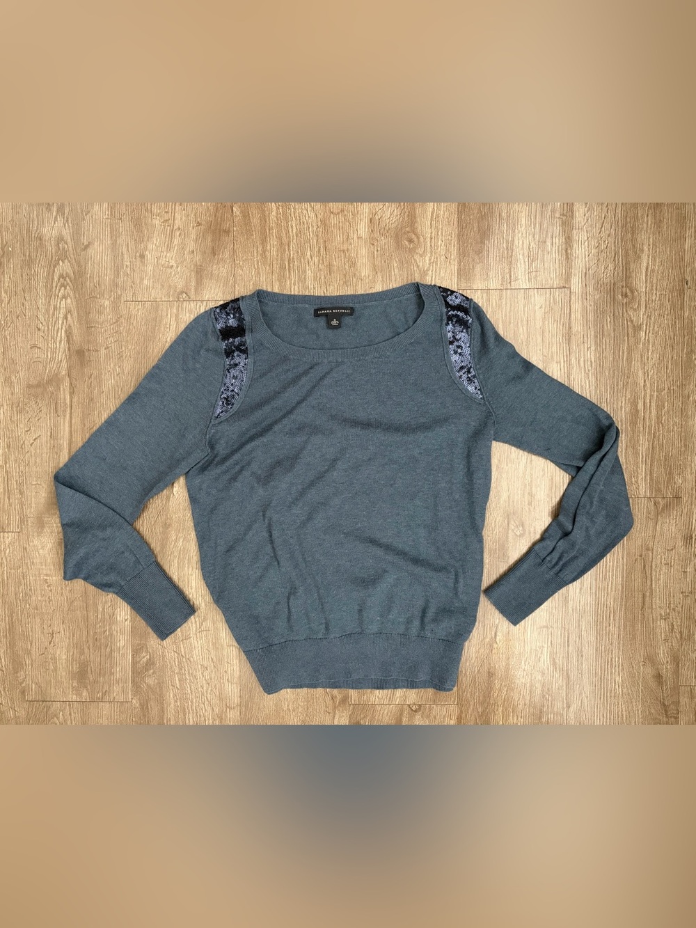 Banana Republic Slate Blue Sequin Shoulder Wool Cotton Sweater Size S